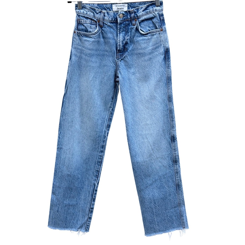 Reformation Val 90s Mid Rise Straight Jeans 24 Colorado Blue Raw Hem Classic